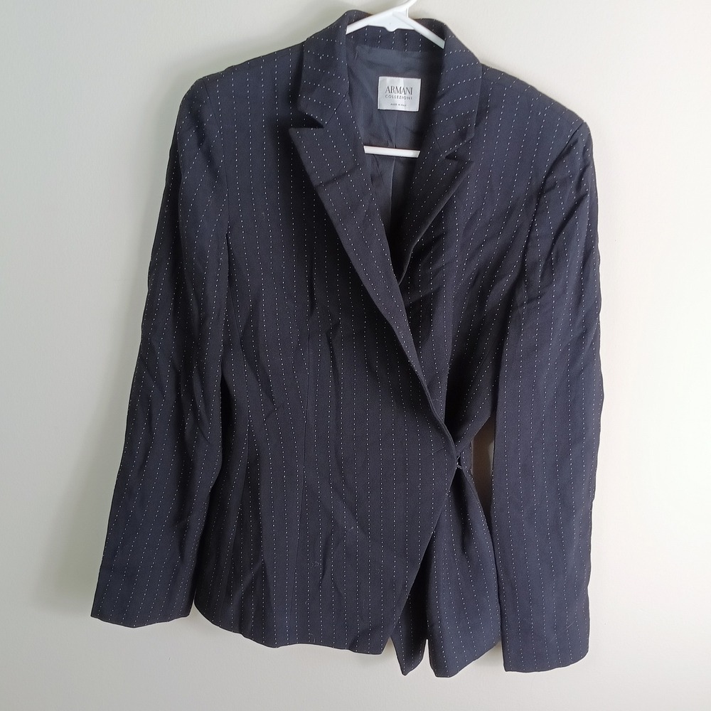 Armani Collezioni Blazer Womens Navy Blue Excellent Pinstripe Wrap Jacket Italy
